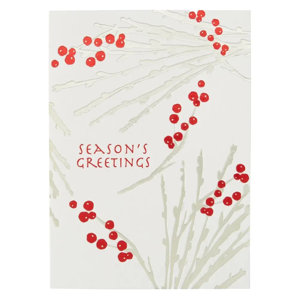 Silver Boughs Red Berries Christmas Card