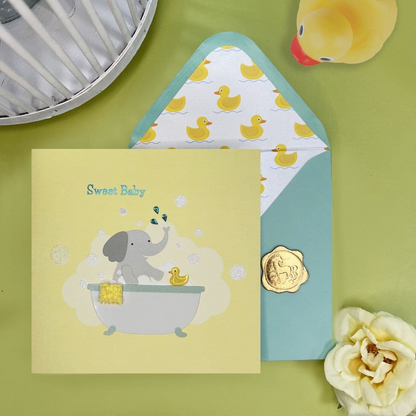 Elephant in Bath Tub Baby Card