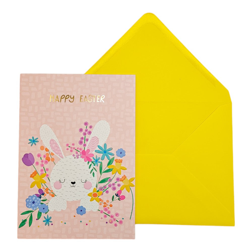 Happy Easter Bunny with Flowers Easter Card