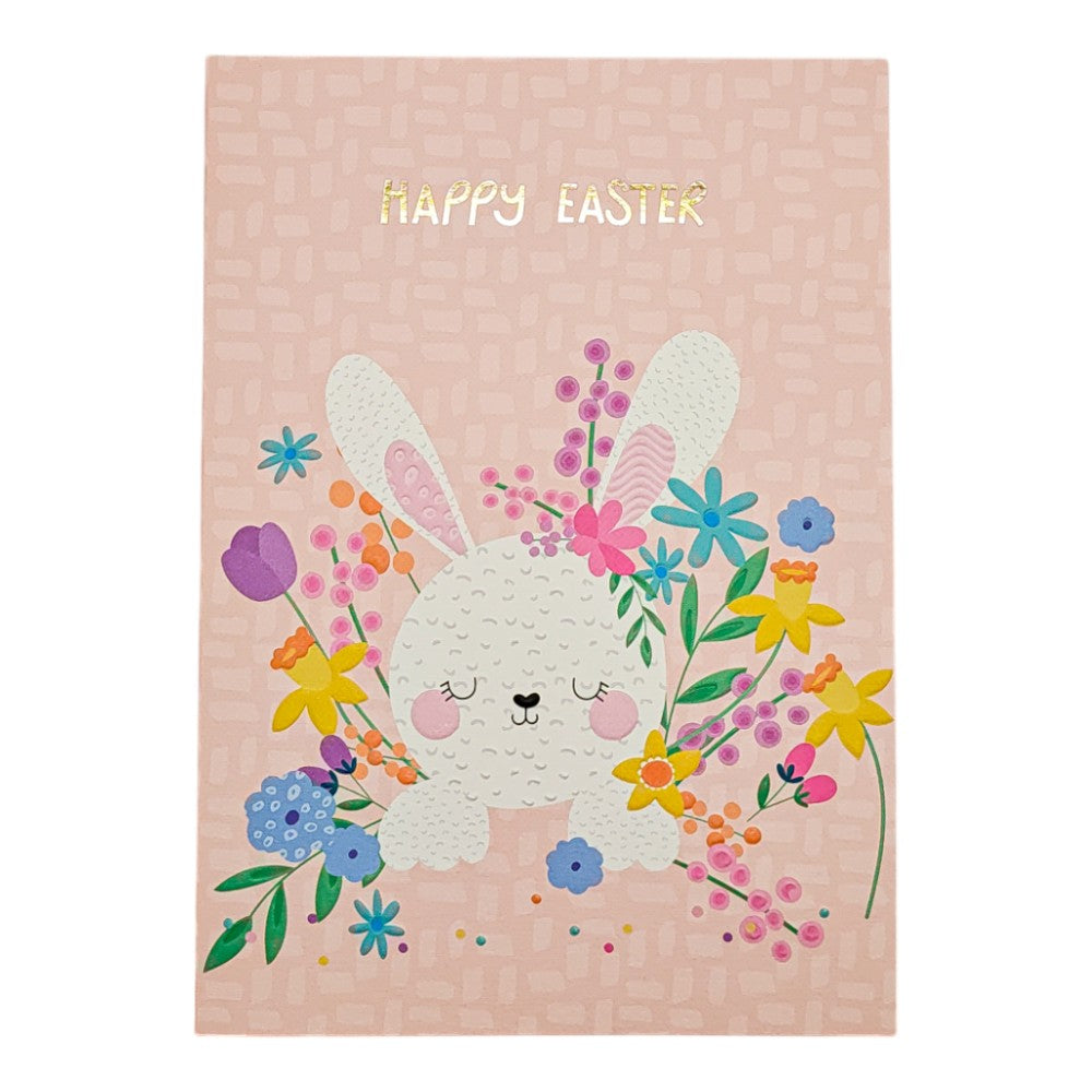 Happy Easter Bunny with Flowers Easter Card