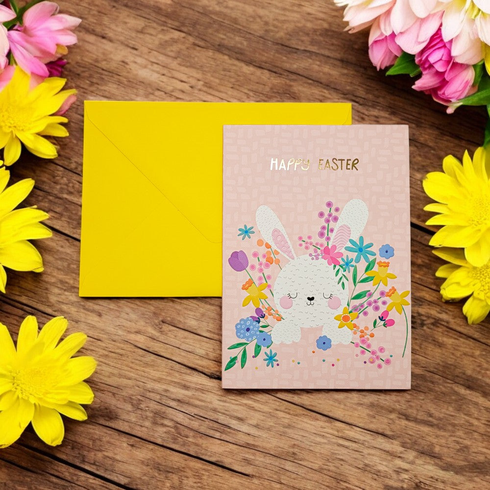 Happy Easter Bunny with Flowers Easter Card