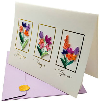 Quilled Three Flowers Bouquet Birthday Card