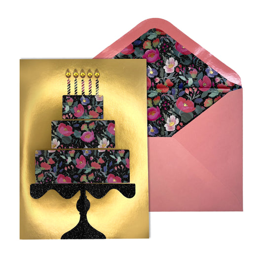 Floral Cake on Gold Foil Birthday Card