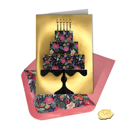 Floral Cake on Gold Foil Birthday Card