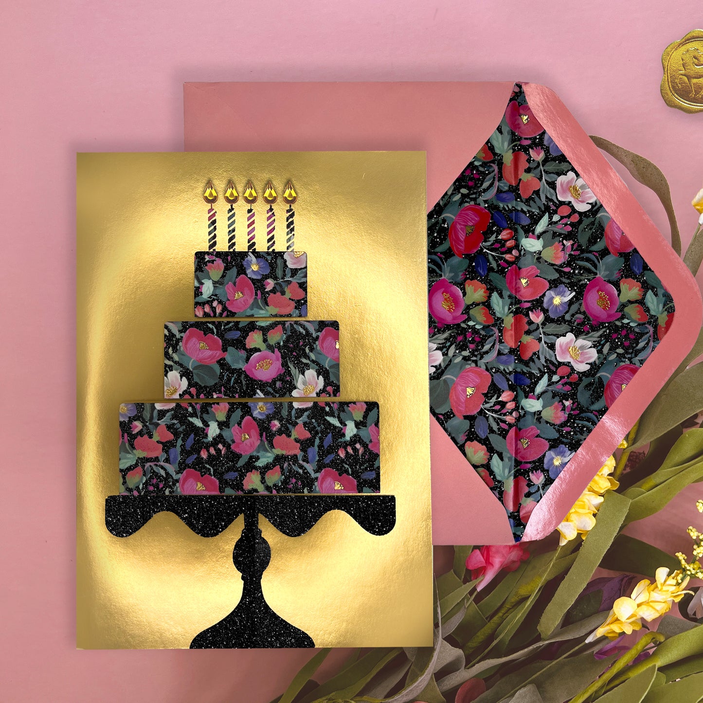 Floral Cake on Gold Foil Birthday Card