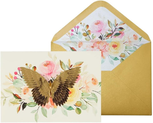 Gold Butterfly on Flowers Blank Card