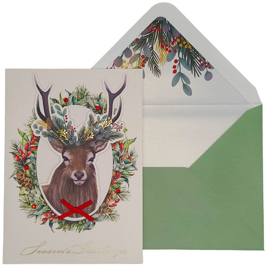 Deer With Foliage Wreath Christmas Card