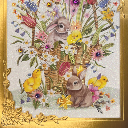 Basket of Flowers Chicks & Rabbit Easter Card