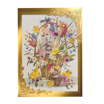 Basket of Flowers Chicks & Rabbit Easter Card