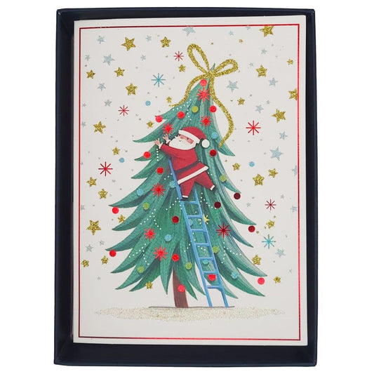 Santa on Ladder with Tree 8 Count Boxed Christmas Card