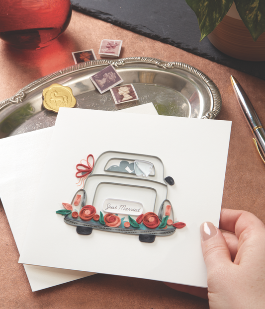 Quilled Just Married Car Wedding Card